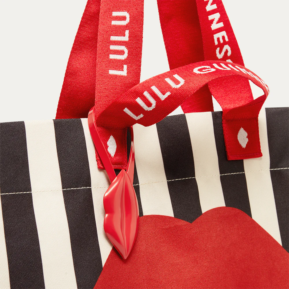 BLACK MULTI STRIPED LULU LIP SHOPPER TOTE BAG - Image 5