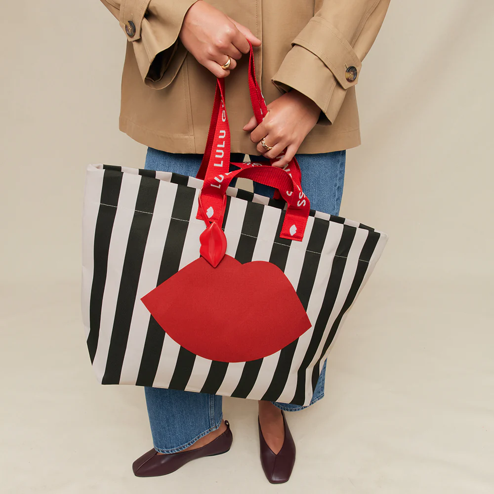 BLACK MULTI STRIPED LULU LIP SHOPPER TOTE BAG - Image 6