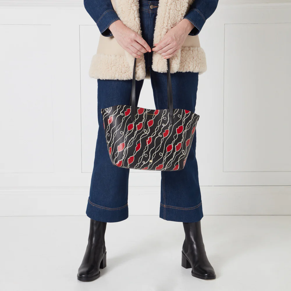 BLACK PEARLY LIP PRINT LEATHER SMALL IVY TOTE BAG - Image 6