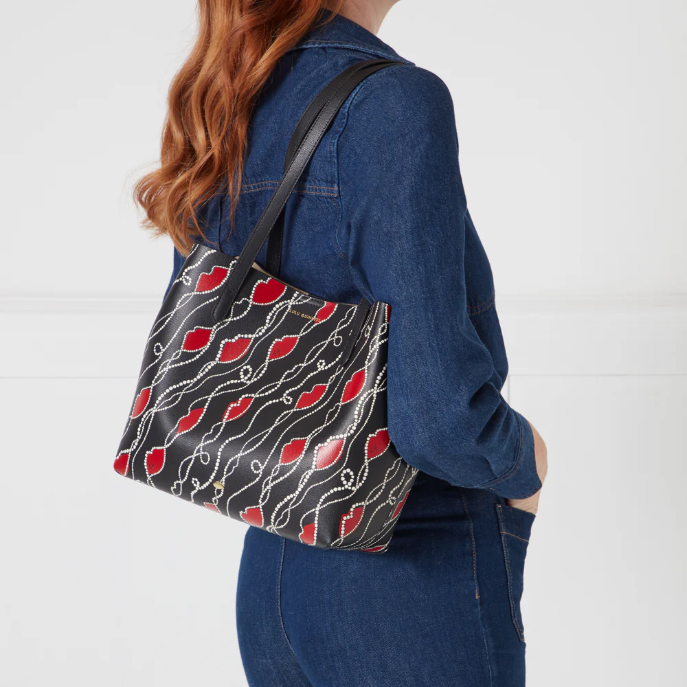 BLACK PEARLY LIP PRINT LEATHER SMALL IVY TOTE BAG - Image 7