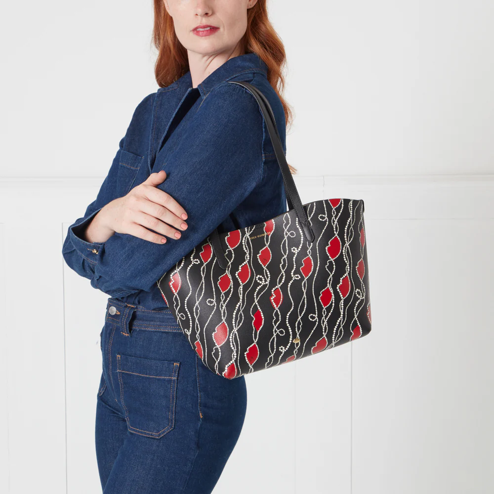 BLACK PEARLY LIP PRINT LEATHER SMALL IVY TOTE BAG - Image 8