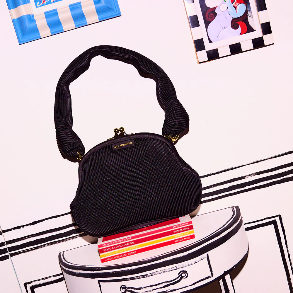 BLACK SATIN PLISSE LOIS CLUTCH