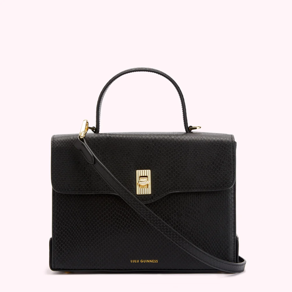BLACK SNAKE EMBOSSED LEATHER LARGE LIP TURNLOCK QUEENIE HANDBAG