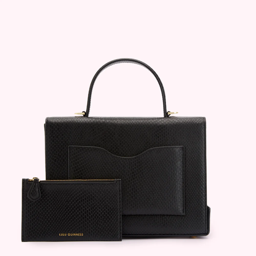 BLACK SNAKE EMBOSSED LEATHER LARGE LIP TURNLOCK QUEENIE HANDBAG - Image 2