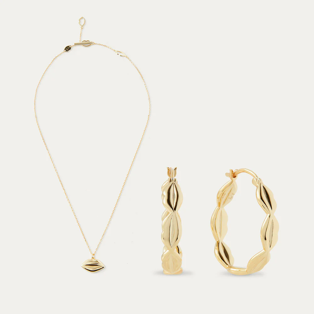 14K GOLD LUNA PENDANT NECKLACE & HOOP EARRINGS - Image 7