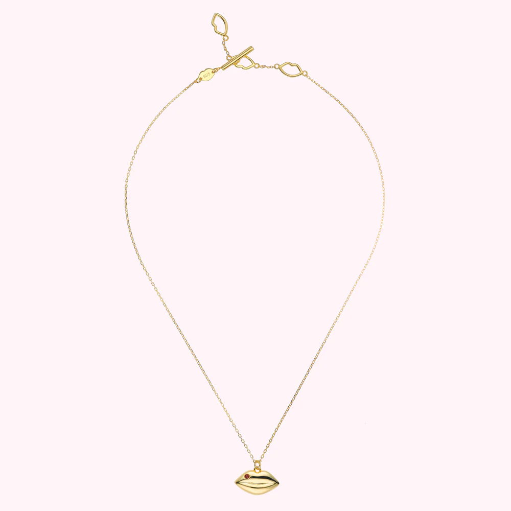 14K GOLD PLATED RUBY STONE LUNA PENDANT NECKLACE
