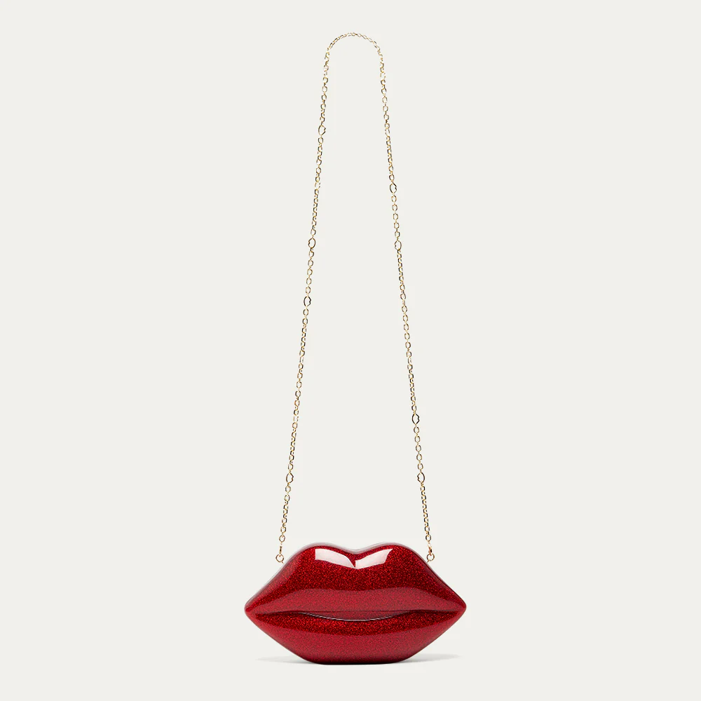 LULU RED GLITTER MEDIUM LIPS CLUTCH BAG - Image 3