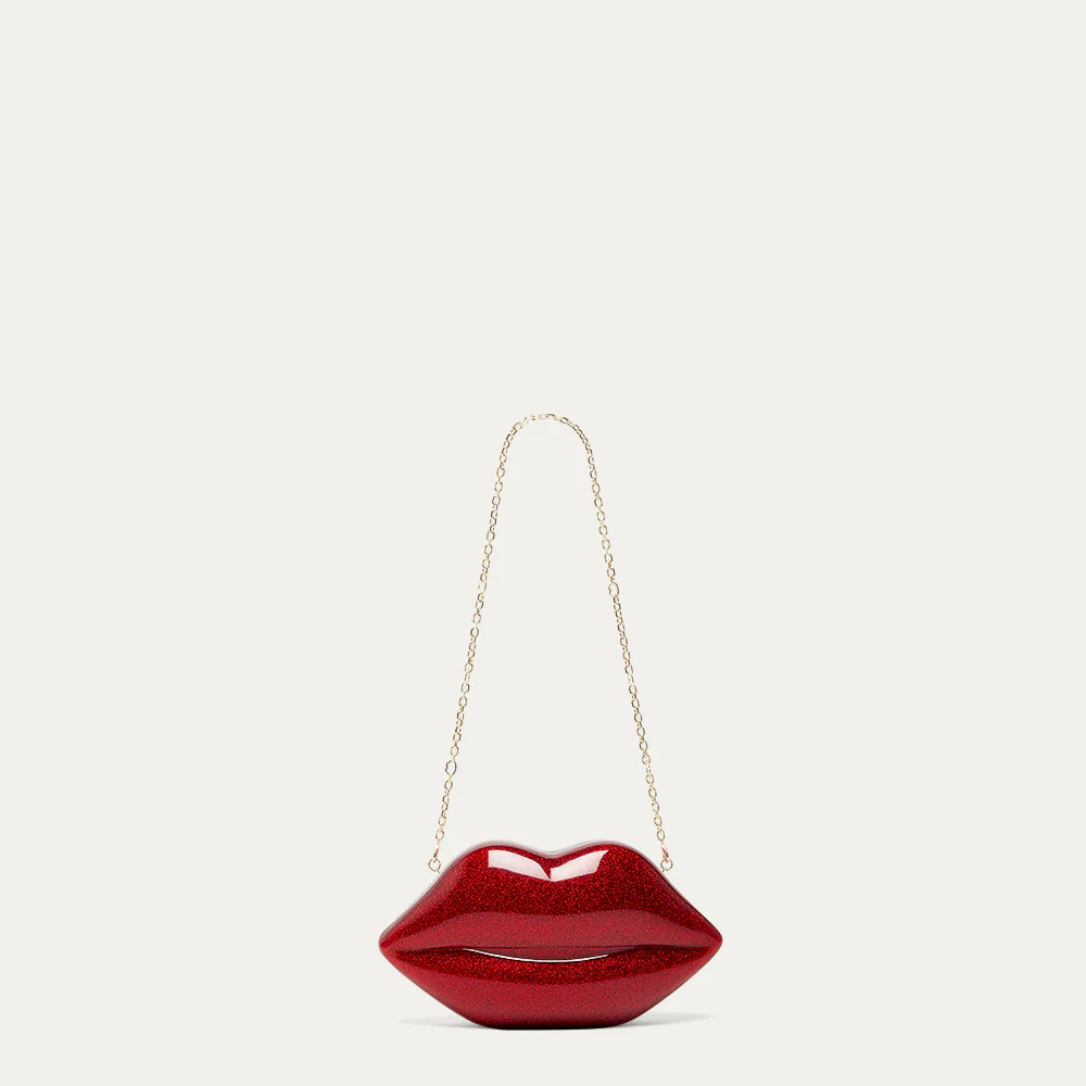 LULU RED GLITTER MEDIUM LIPS CLUTCH BAG - Image 4