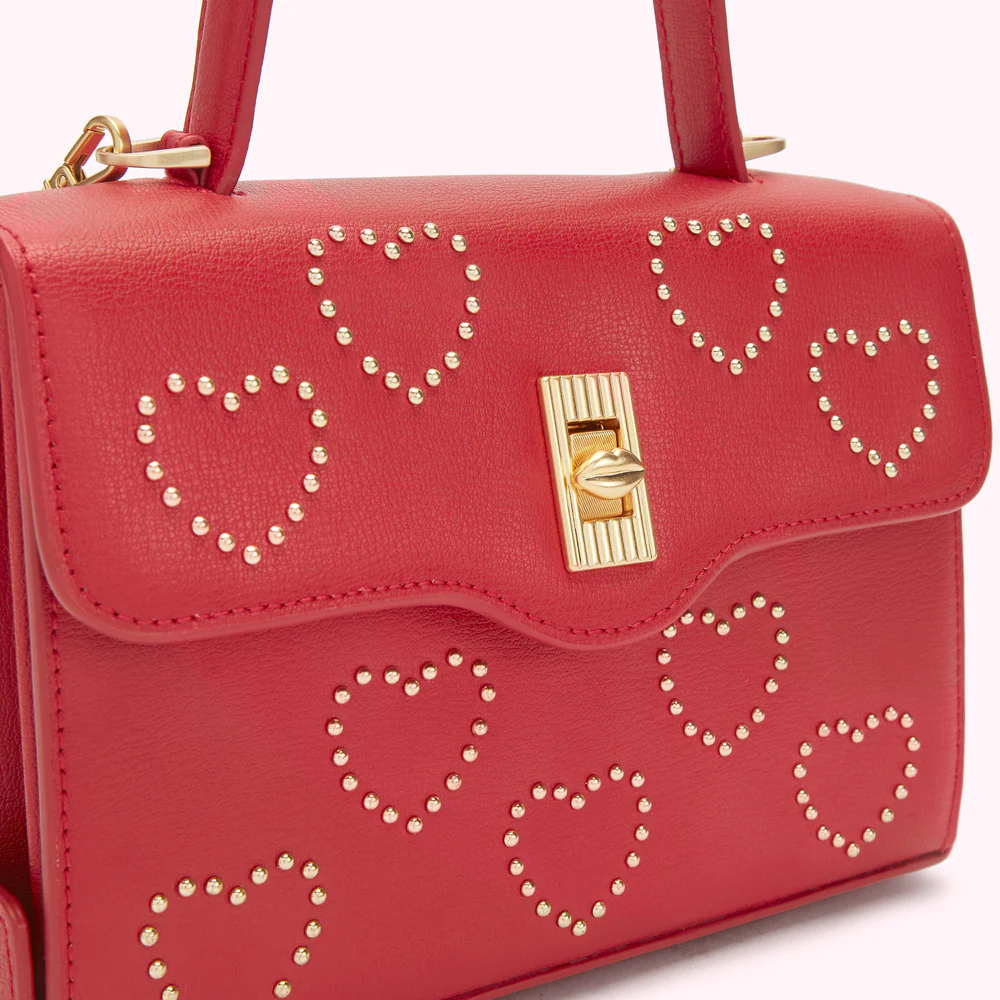 LULU RED GOLD STUDDED HEARTS LIP TURNLOCK QUEENIE HANDBAG - Image 5