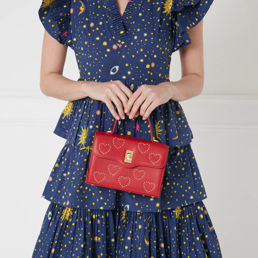 LULU RED GOLD STUDDED HEARTS LIP TURNLOCK QUEENIE HANDBAG - Image 8