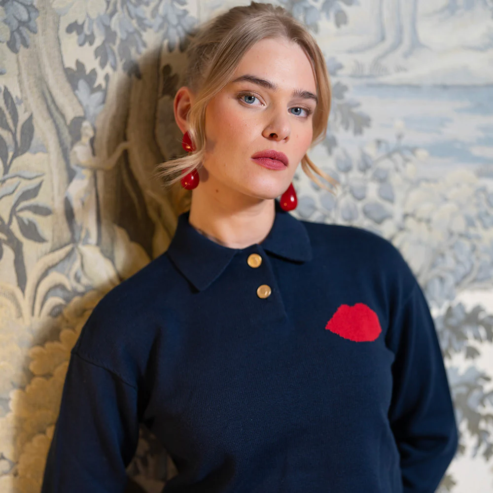NAVY KNITTED COTTON POLO TOP - Image 5