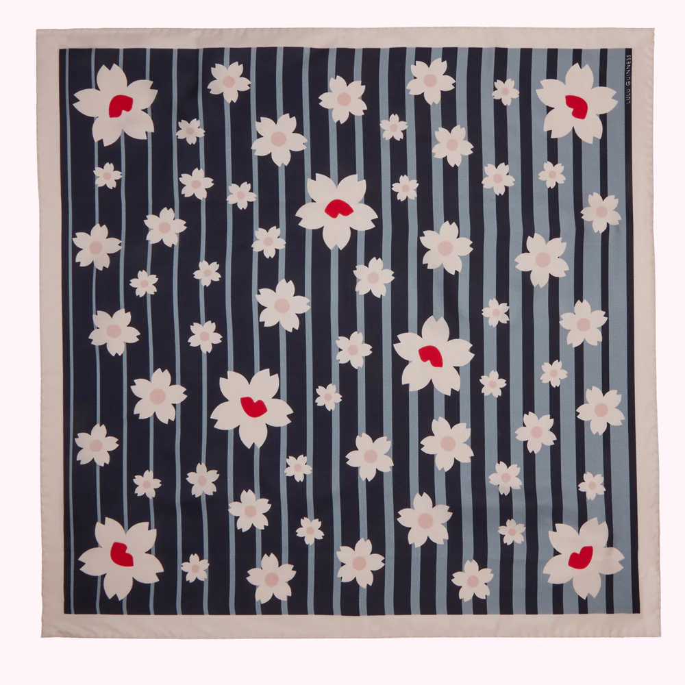 NAVY STRIPE BLOSSOM SILK TWILL SCARF - Image 2