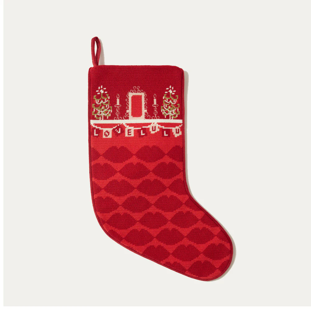 RED NEEDLE POINT EMBROIDERED STOCKING