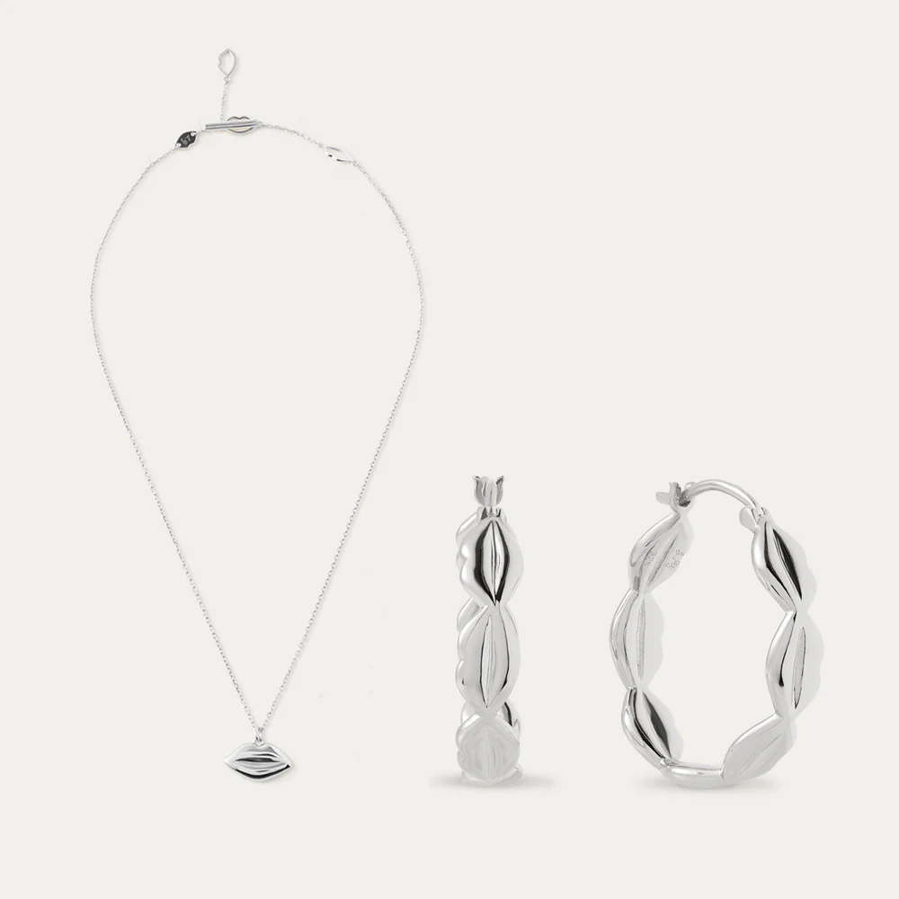 STERLING SILVER LUNA PENDANT NECKLACE & HOOP EARRINGS