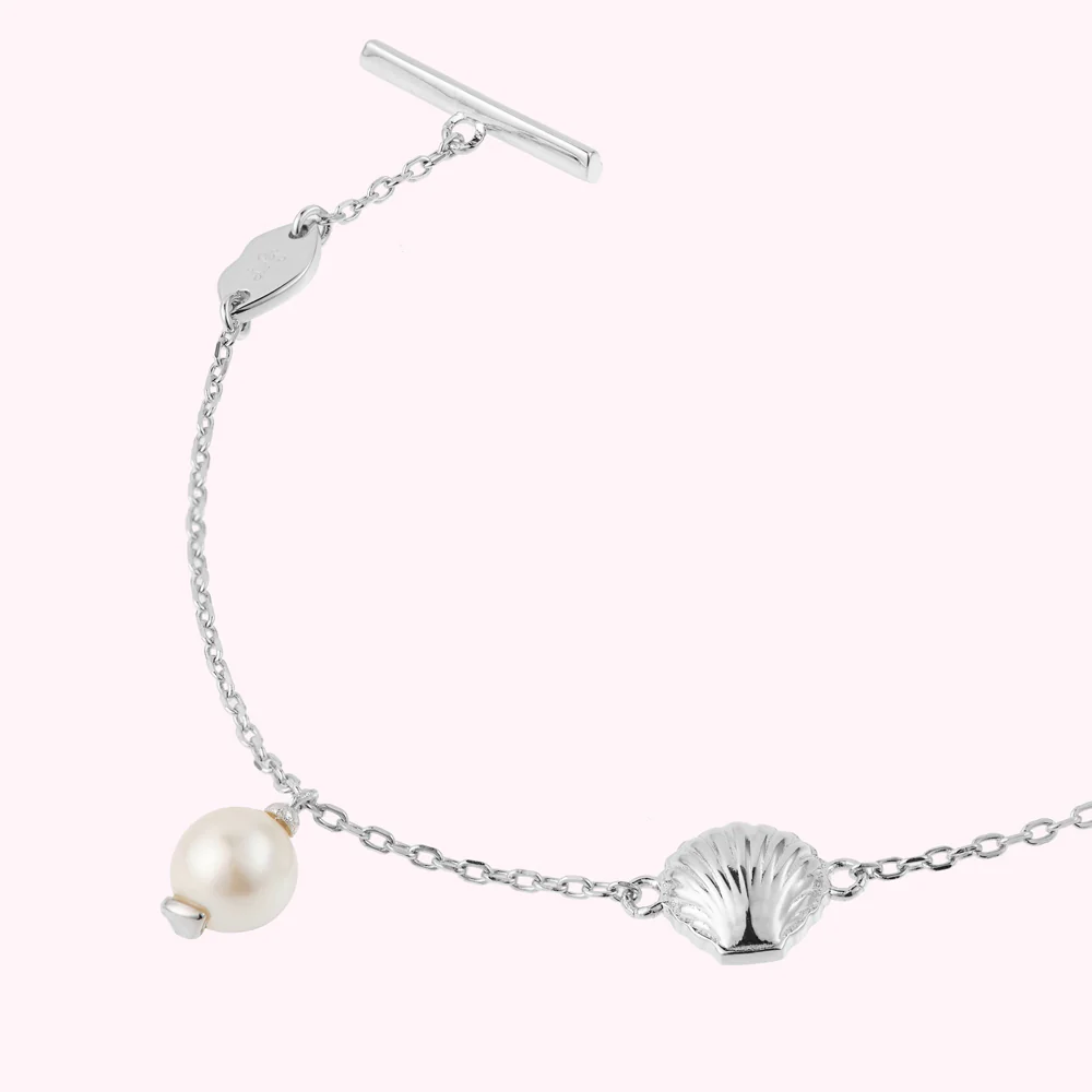STERLING SILVER SHELL AND FRESHWATER PEARL CHAIN BRACELET - Image 3